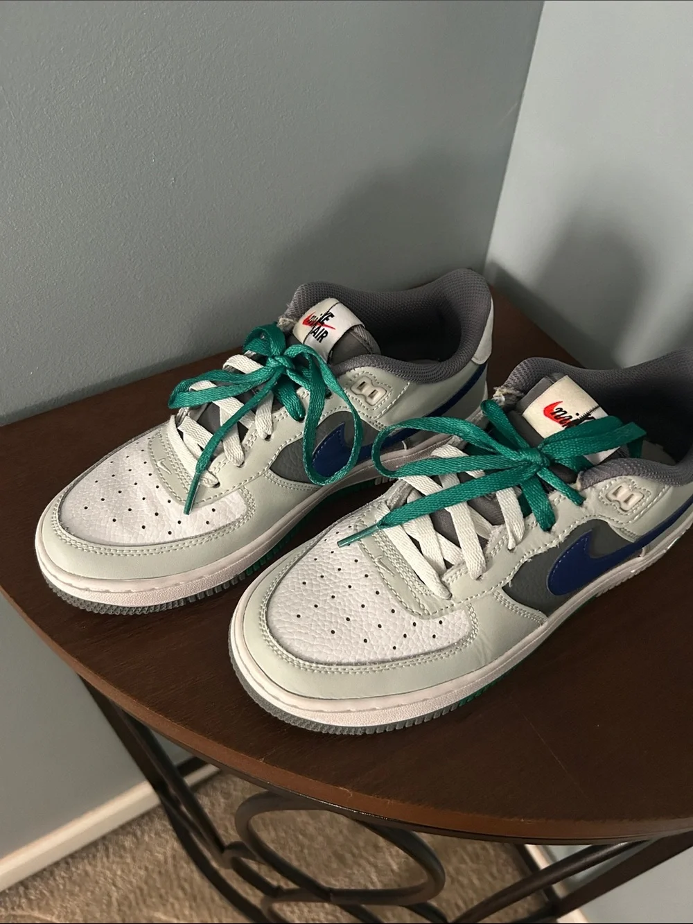 Nike Kids Low-Top Sneakers in White, Gray & Blue with Teal Laces